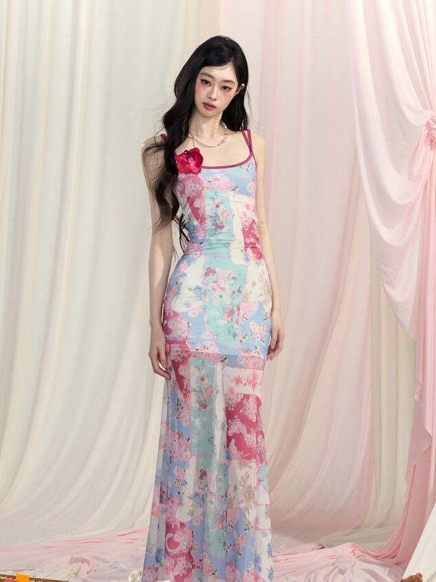 スリップドレス マーメイドスカート プリント バックレス ブルー 油絵 花柄