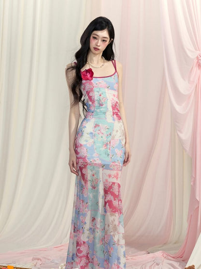 スリップドレス マーメイドスカート プリント バックレス ブルー 油絵 花柄