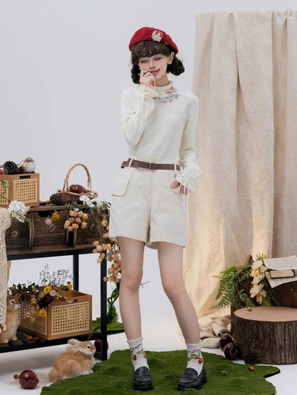 ネックライン レースアップ カフス 秋 ストロベリー 刺繍 トップス ニット ベージュ