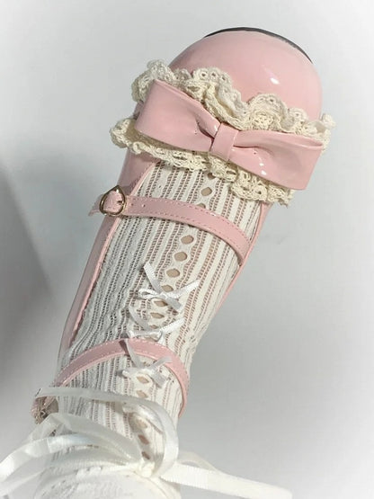 Round Trim Bow Lace Sweet Top Low Heels Pink at Toe with