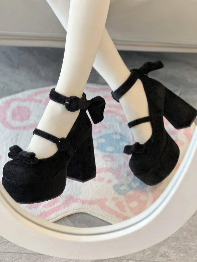 Classic Platforms Bowknot Details High Buckle Lolita Velvet with Black Block Ring Heels Design