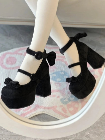Classic Platforms Bowknot Details High Buckle Lolita Velvet with Black Block Ring Heels Design