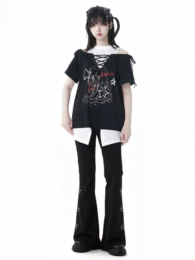 グラフィックTシャツ ネックライン フェイクツーピース グリーン/ブラック カットアウトショルダー レースアップ