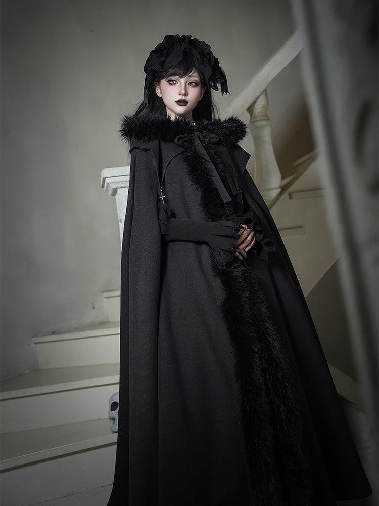 Witch Trim Cross with Fur Autumn for and Faux Winter Lolita Gothic Charms Black Cloak