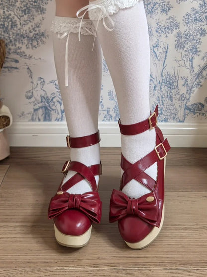 Grain PU Wood Mary at - Red with Janes Top Sole Bow Crisscross Sweet Straps Platform Lolita