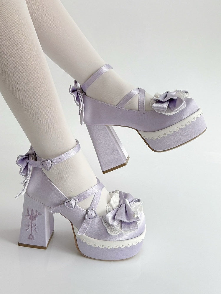 Heels Embroidery Lace Bowknot Block Purple High Platform Buckle Straps Fork Lolita