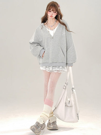 Grey/White Lace Trim V-neck Loose Hoodie Fake Two-piece