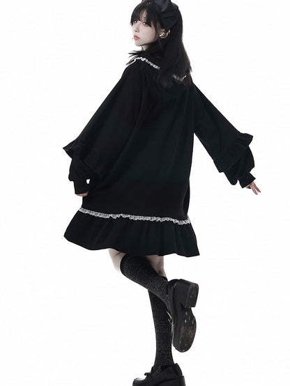 Cross Black Sweet-Grunge and Decoration Doll Metal with Dark Hoodie Dress Aesthetic Lace