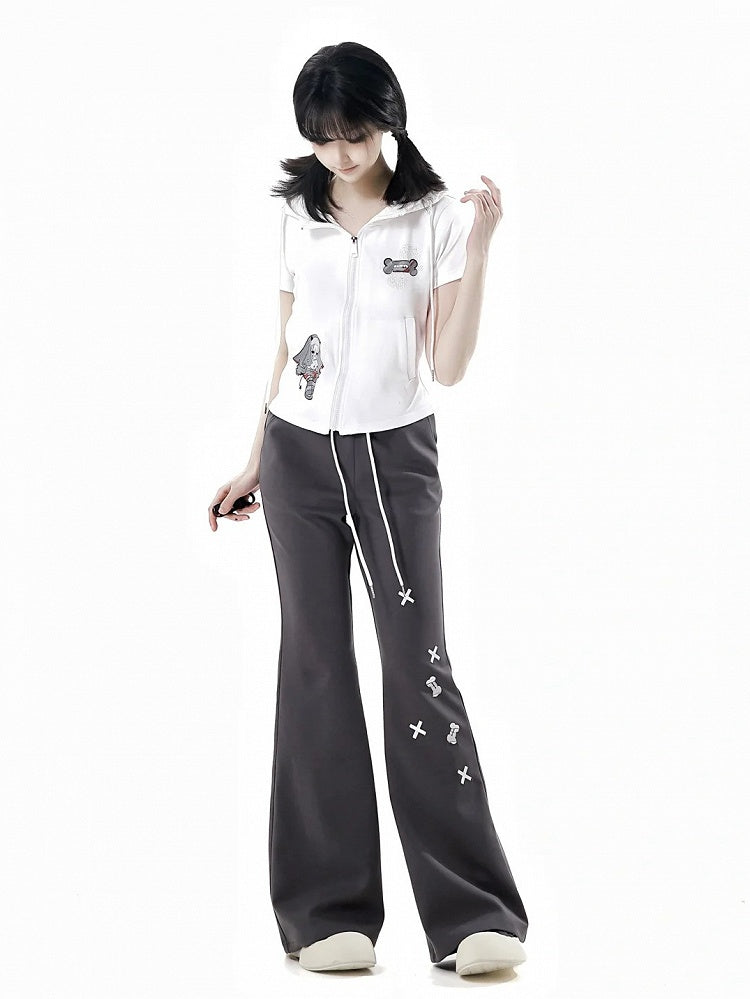 Schlaghose mit Knochenstickerei und Kordelzug in der Taille, Schwarz/Blau/Grau