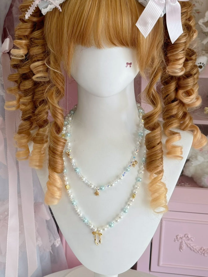 And Bowknot Pink/Blue Pendant Beaded Necklace Floral