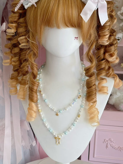 And Bowknot Pink/Blue Pendant Beaded Necklace Floral