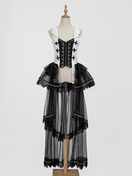 Black White Detachable Train with Tulle Waistcoat Lolita Ouji