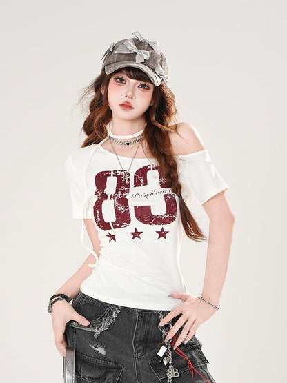 Asymmetrical Neckline T-shirt Vintage Number Print Black/White