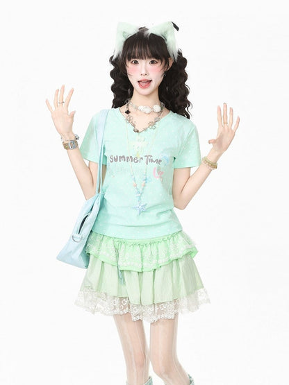 Green Summer Kawaii Letter Print V-Neck Short Sleeve T-Shirt with Starfish Necklace - Languid Park