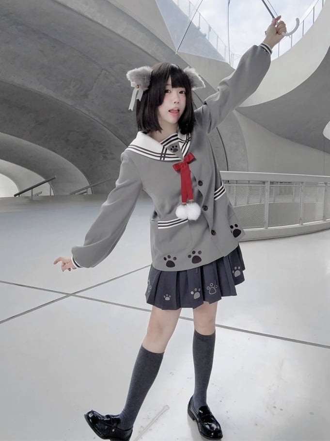 Gray Sailor Collar Top with Wolf Ears and Pom Poms - To Alice