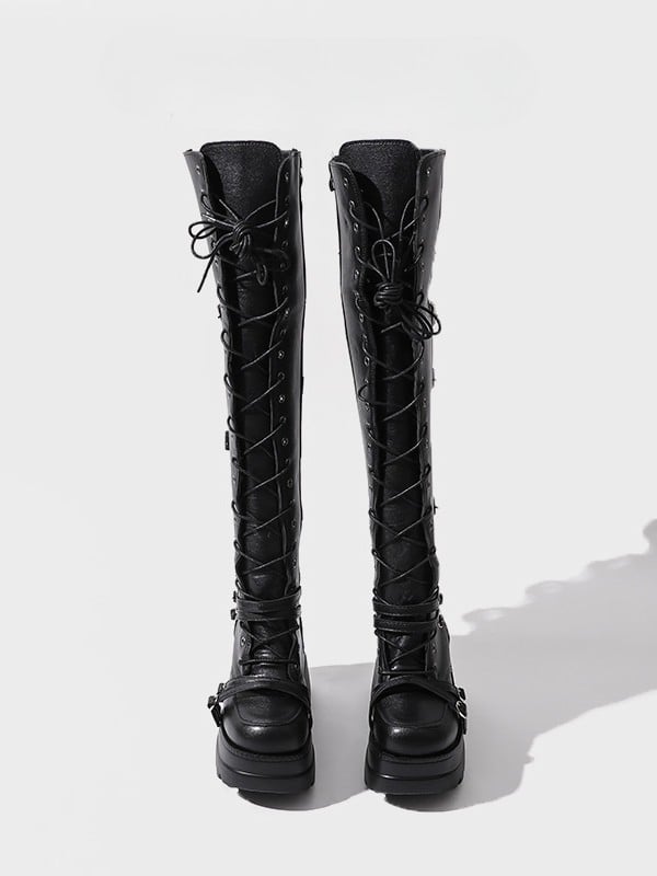 Thigh-high Black Lace-up Platform Closure Boots - Punk
