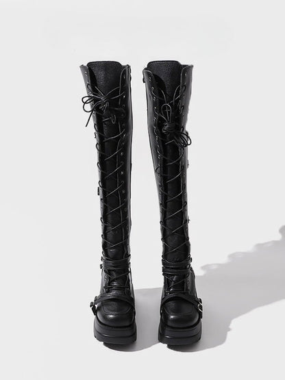 Thigh-high Black Lace-up Platform Closure Boots - Punk