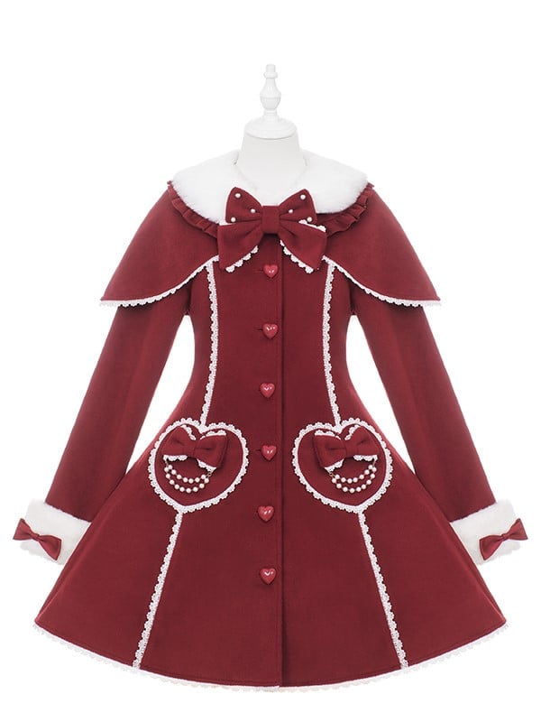 Christmas Red/Black Lolita Woolen Cape Coat with Heart Pockets & Beaded Chains and Plush Details