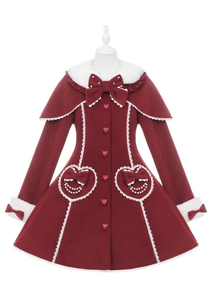 Christmas Red/Black Lolita Woolen Cape Coat with Heart Pockets & Beaded Chains and Plush Details