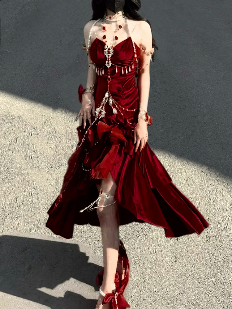 Red Velvet Mermaid Skirt Backless Siren Dress Evening Gown