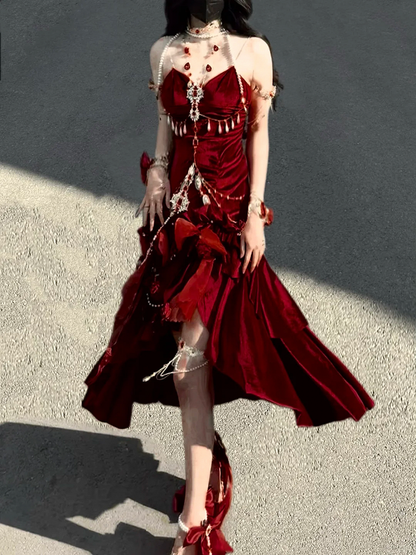 Red Velvet Mermaid Skirt Backless Siren Dress Evening Gown