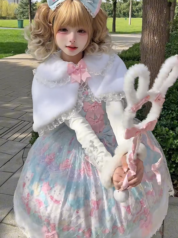 Sweet Trim with Cat Hem Lolita and Print Accents Green Bow Pink Fur Dress Light