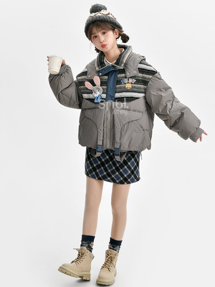 パッチワークデザイン グレー フード付きダウンジャケット