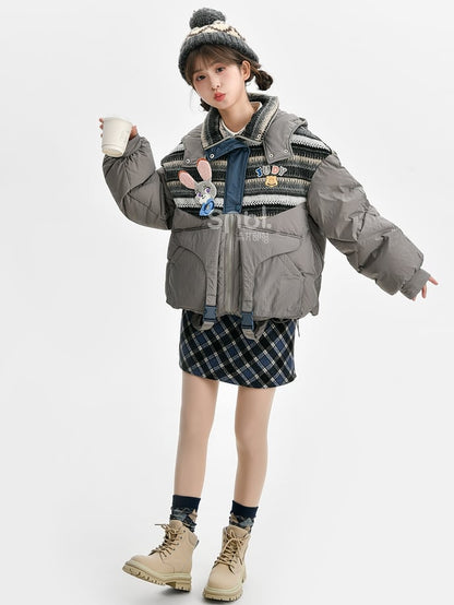 パッチワークデザイン グレー フード付きダウンジャケット