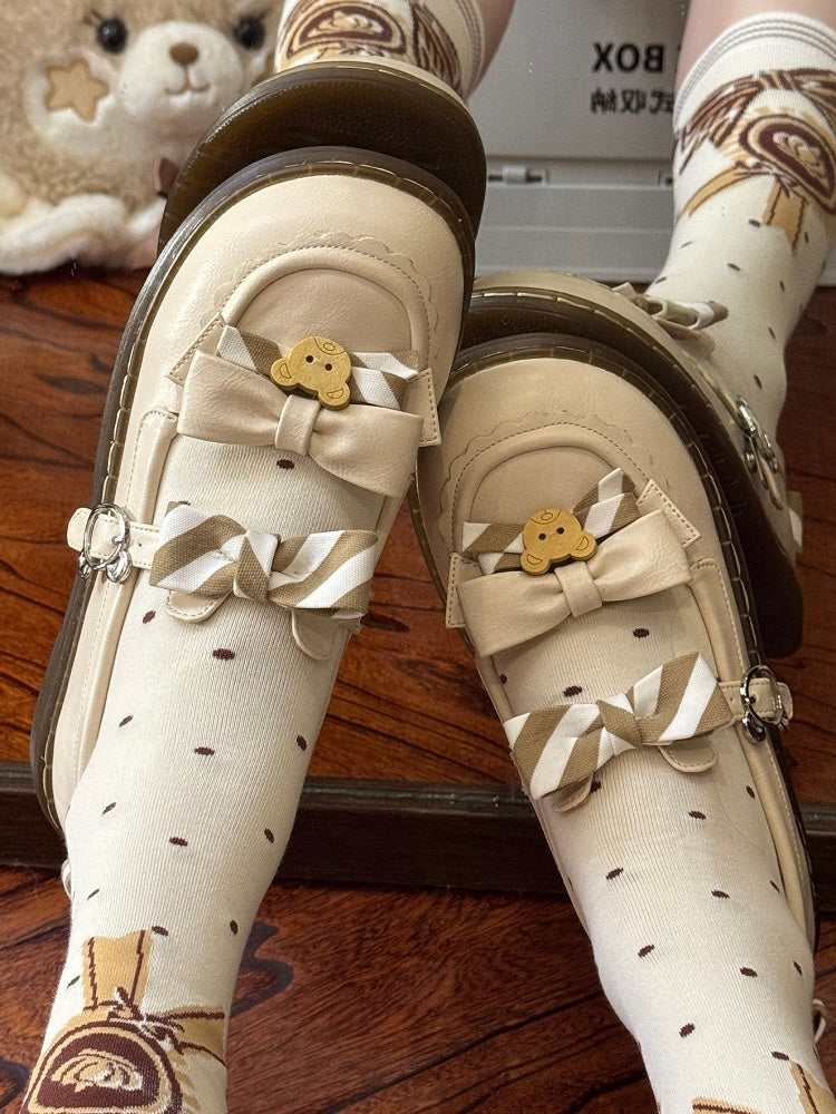Pattern PU Details Off-white 2cm - Striped Shoes Bow Lolita Bear
