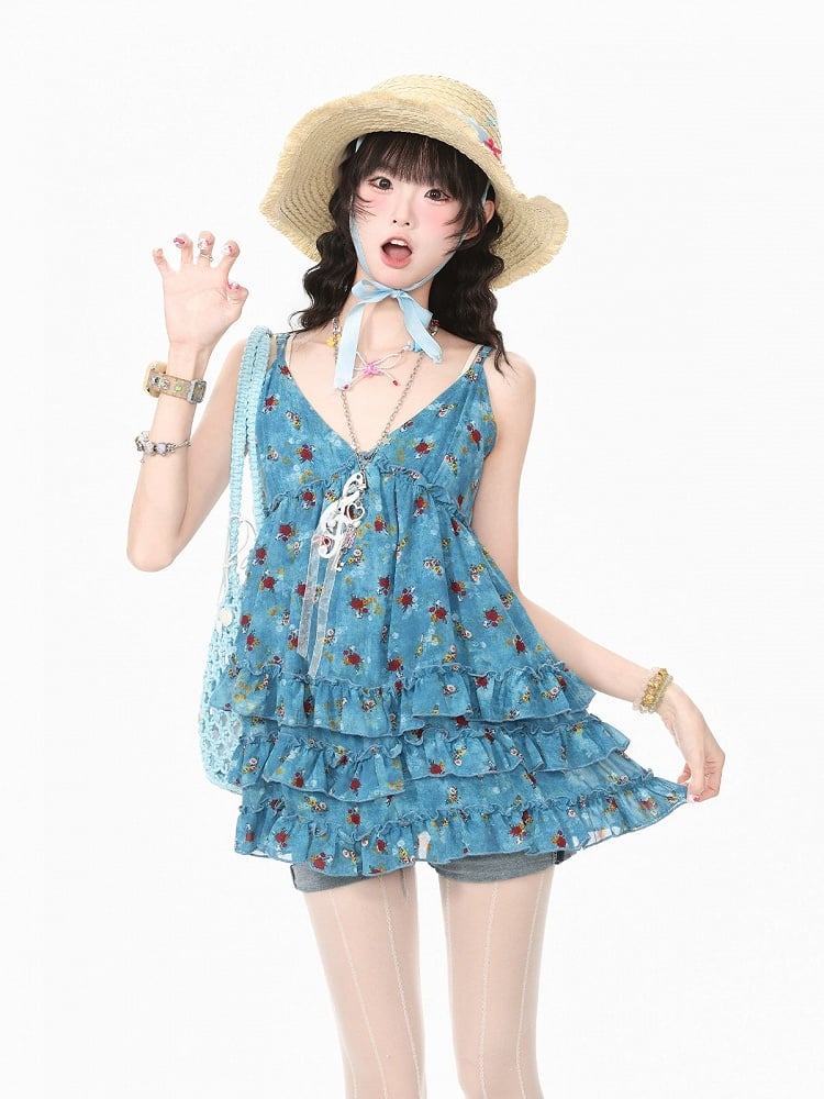 Blue V-Neck Cami Dress with Floral Print & Ruffle Accents - Languid Park