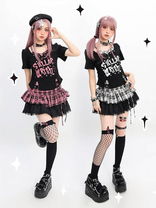 Y2K T-Shirt mit schwarzem Print, rosa/schwarz, zweiteilig, weißer Hase