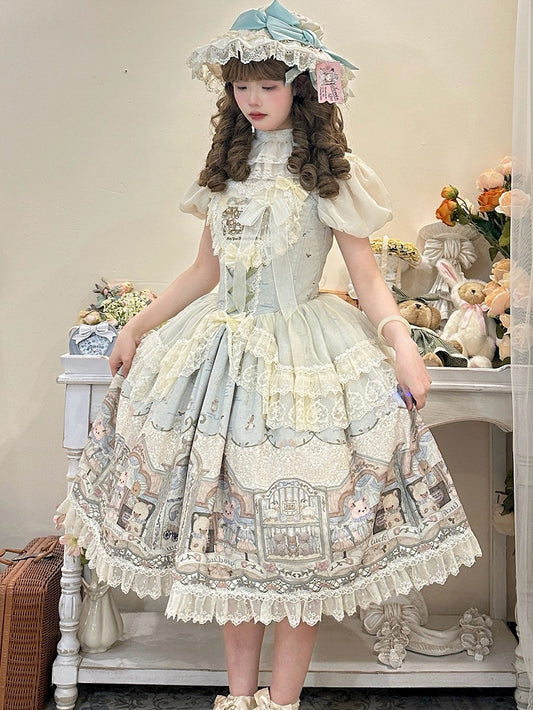 Green / Beige Boned Waist Teddy Sweet Lolita Jumper Skirt