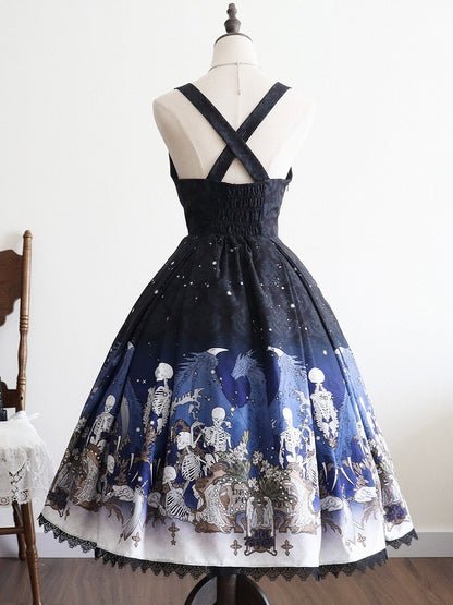 Blue Gothic Lolita and Under with Cross Bust Dress Black Lace Print Trim Skeleton