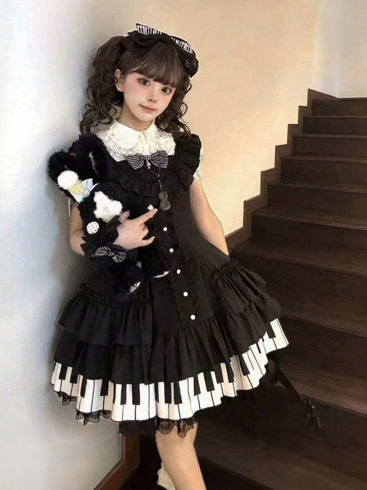 Piano Motif JSK Dress in Black and White with Bow Accents and Ruffled Trim - Wuyu Love Letter