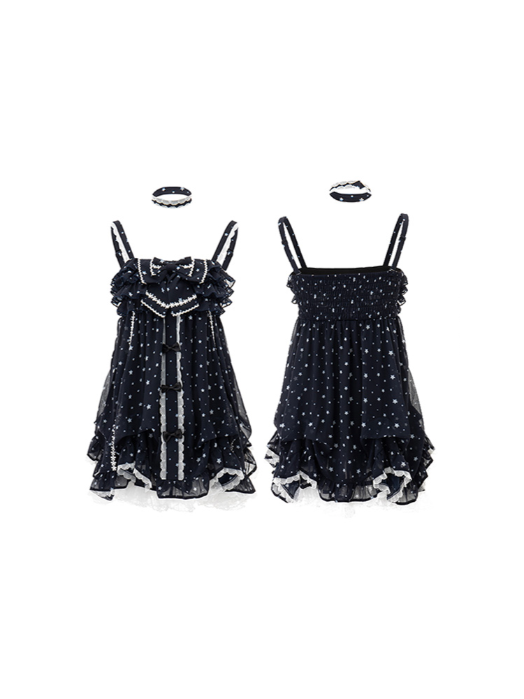 Dress Choker Star Oversized Matching with Tiered Navy Slip Bow White Kawaii Blue Print