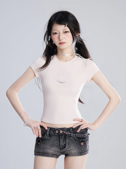 T-Shirt Puppy Print Heart Cropped Adorable Pink Charm Bittersweet