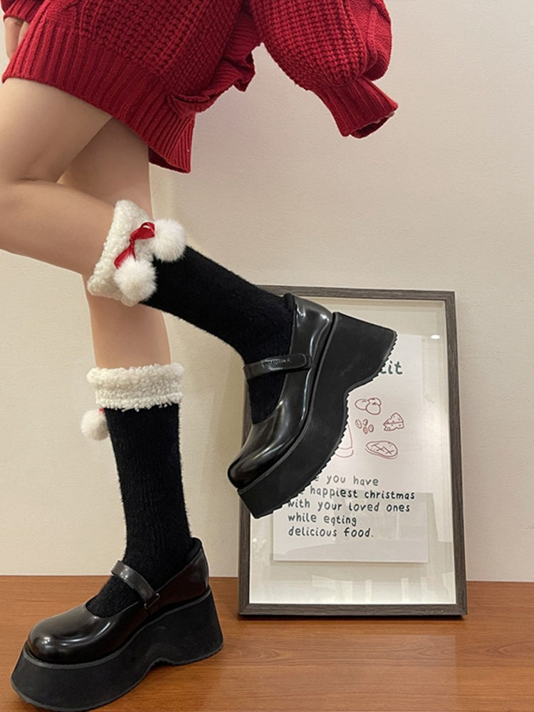 Fleece Ruffled White/Red/Black Calf Socks with Decoration Warm Pom-Pom