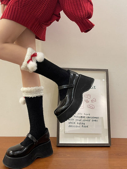 Fleece Ruffled White/Red/Black Calf Socks with Decoration Warm Pom-Pom