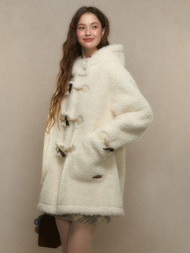 Beige/Brown Toggle Hood Coat with and Closure Long Vintage-Inspired Fleece