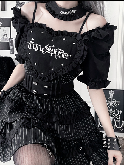 Stripes Dress with Puff Black Sleeve White Patch Gothic Studded Heart Short