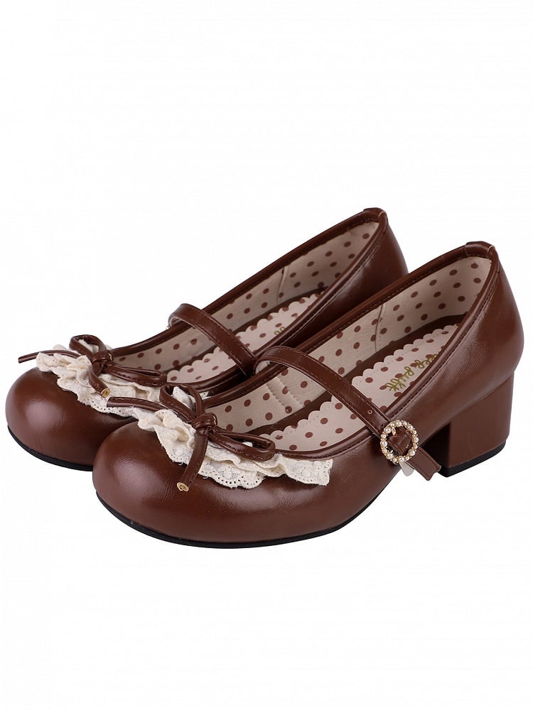 Braune Janes Dark Mary Akzent-Absätze mit Knotenbesatz, Schleife, Spitze, runde Zehenpartie, 4,3 cm