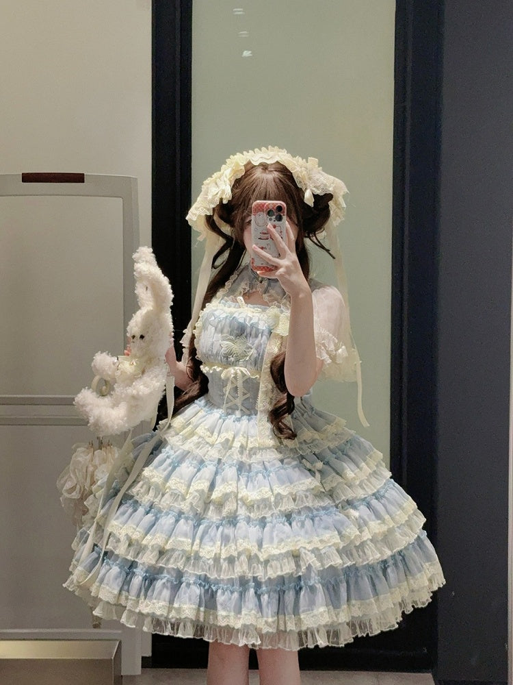 Spitze mit Lolita-Details, Stickerei und gestuftem Goldfischkleid, süße Rüschen, Blau