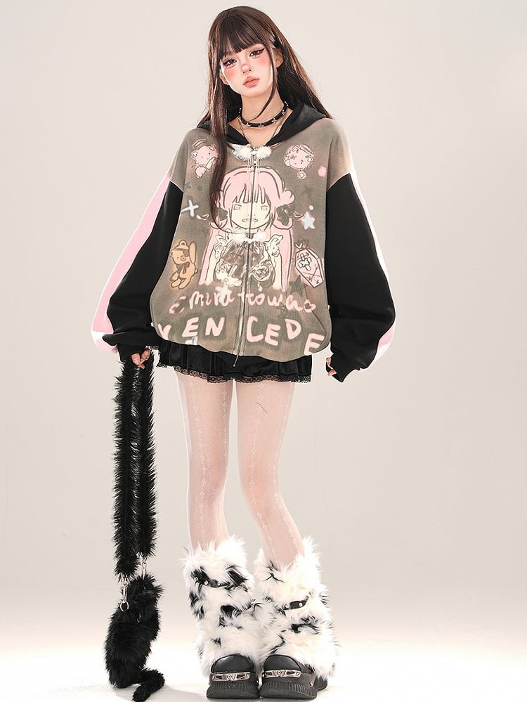 Black Cartoon Girl Colorblock Sleeves Zip Hoodie