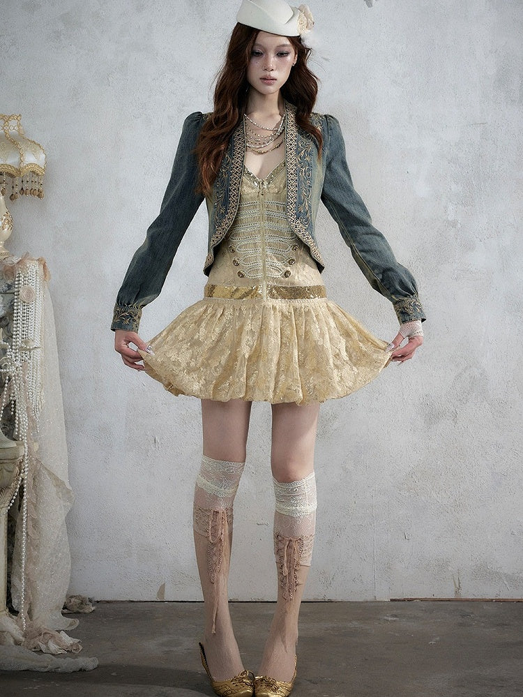 Golden Jacquard Cami Dress with Sequin Accents - NO ROMANCE