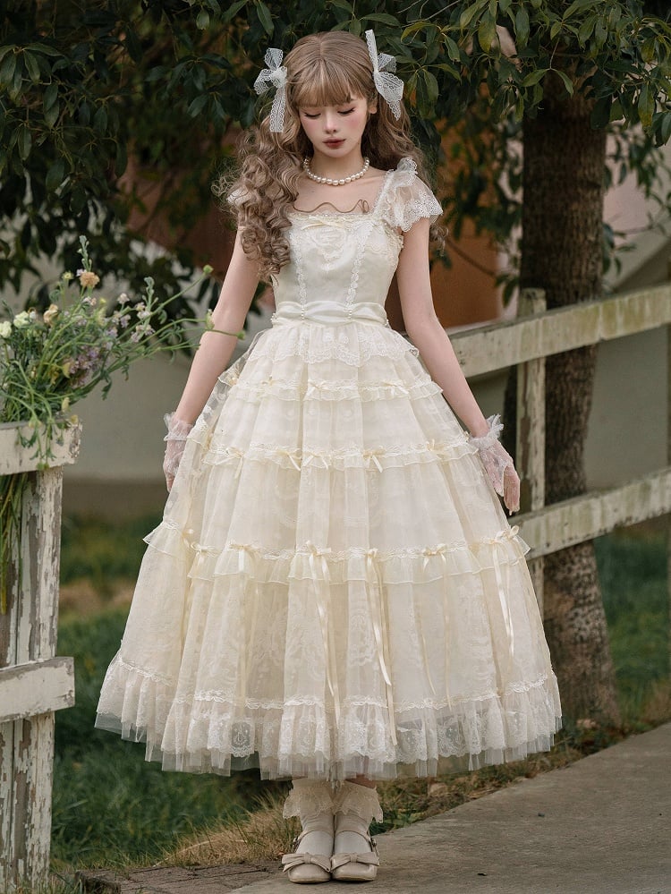 Perlen Schleife Creme Prinzessin Akzente Weiß Ausschnitt Band Kleid Lolita