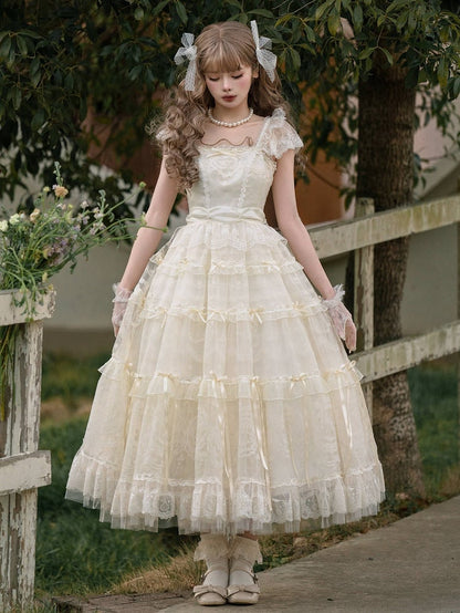Perlen Schleife Creme Prinzessin Akzente Weiß Ausschnitt Band Kleid Lolita