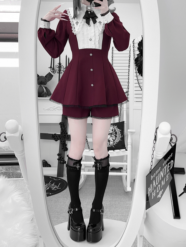 Deep Red Embroidered Set: Pointed with Kei Wine Collar Full Cross Jirai Dress