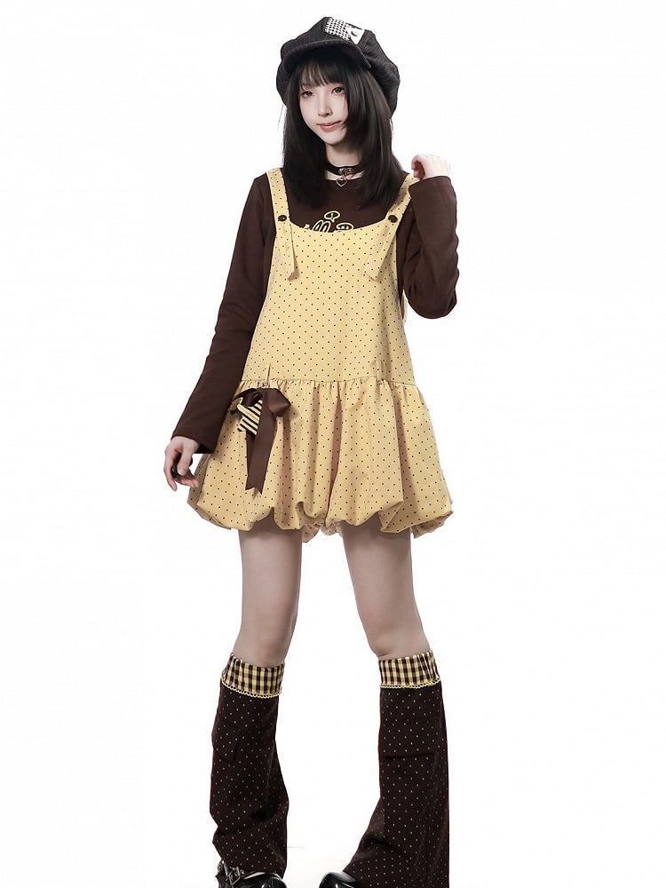 Kawaii Yellow Polka Dot Bubble Overall Skirt with Star Bow Charms - PINK SAVIOR