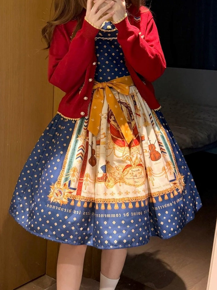 Dark Blue Musical Print Elegant Lolita Jumper Skirt - Crucis Universal Tailor Company