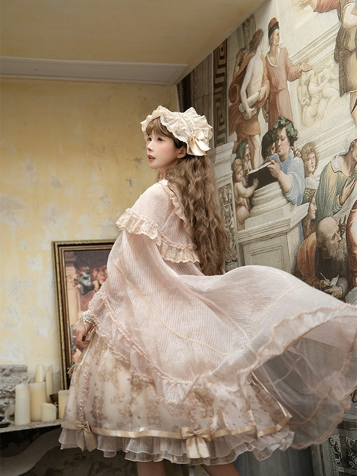 Cascading Trimming Cloak Ruffle Self-tie Neckline Champagne Bow Big